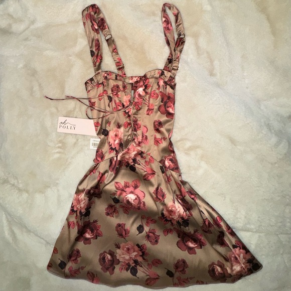 Oh Polly Satin Papatya Lace Up Corset Mini Dress in Beige Print US 0 - Picture 3 of 5